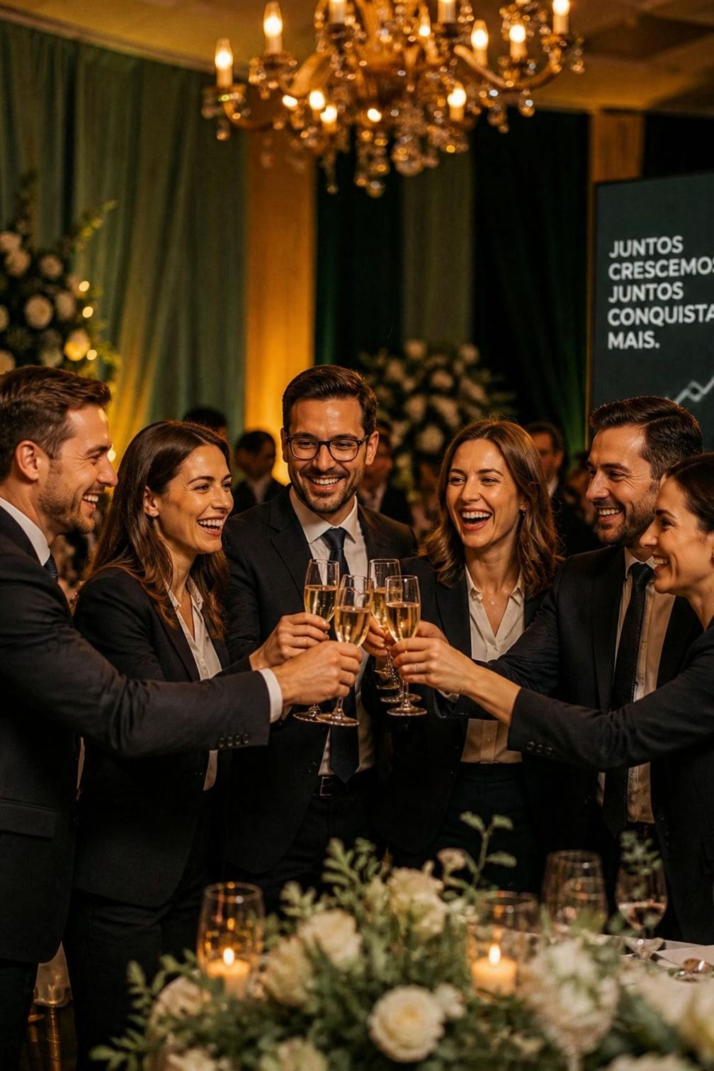 Equipe de uma empresa brindando em um evento corporativo com lustre e arranjos de flores brancas