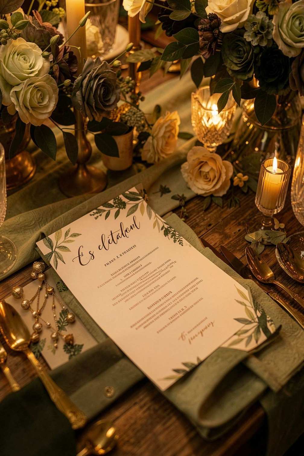 Mesa posta com velas acesas, rosas brancas, guardanapo verde e cardápio impresso