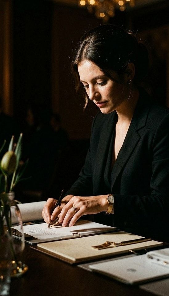 Mulher anotando o planejamento de um evento em um caderno, à luz de um lustre