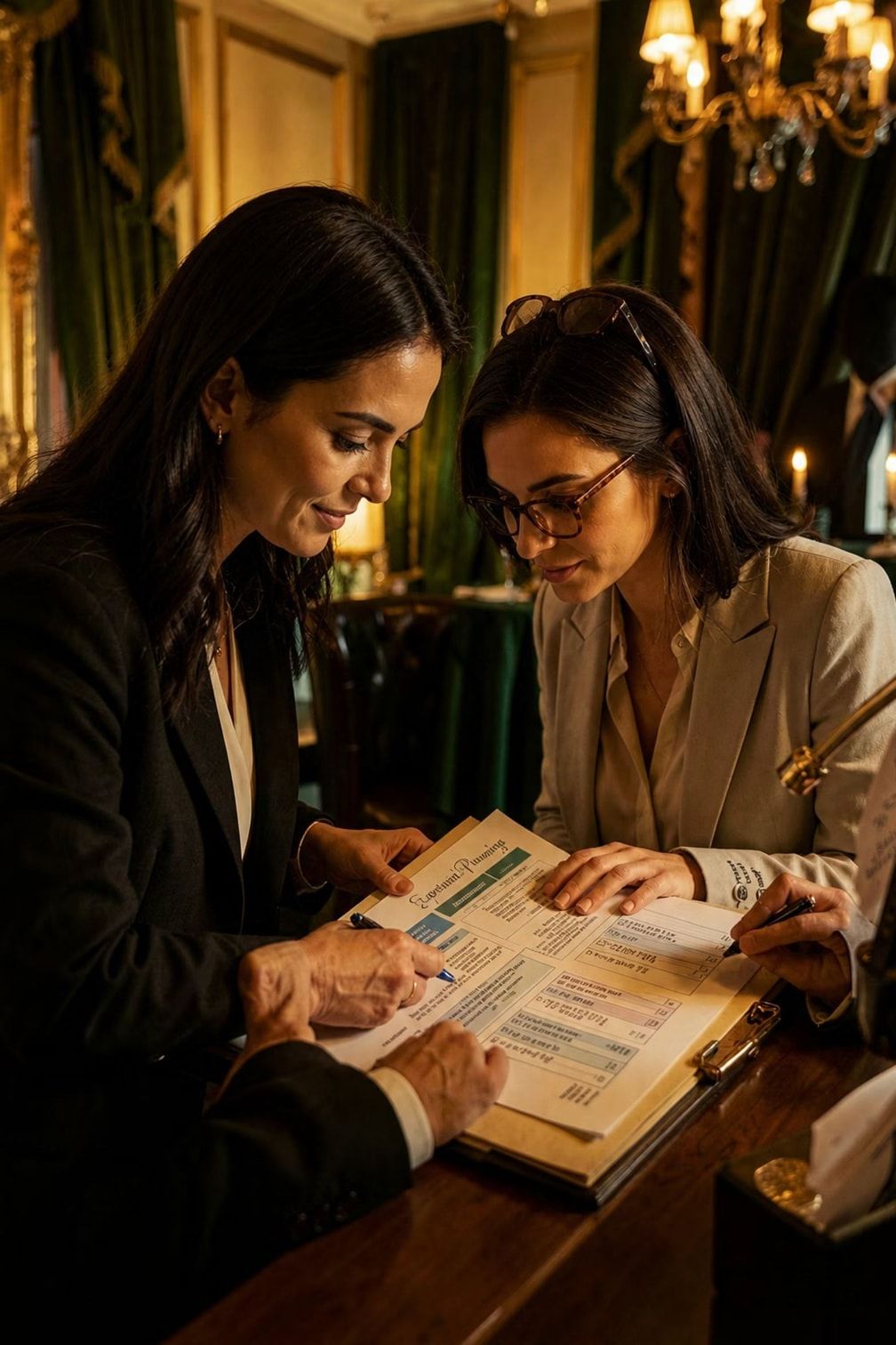 Duas mulheres revisando juntas o planejamento impresso de um evento